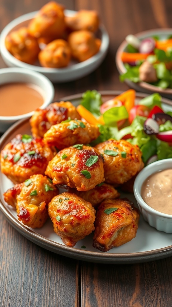 Crispy Air Fryer Chicken Recipe Crispy air fryer chicken pieces on a plate with herbs and salad.
